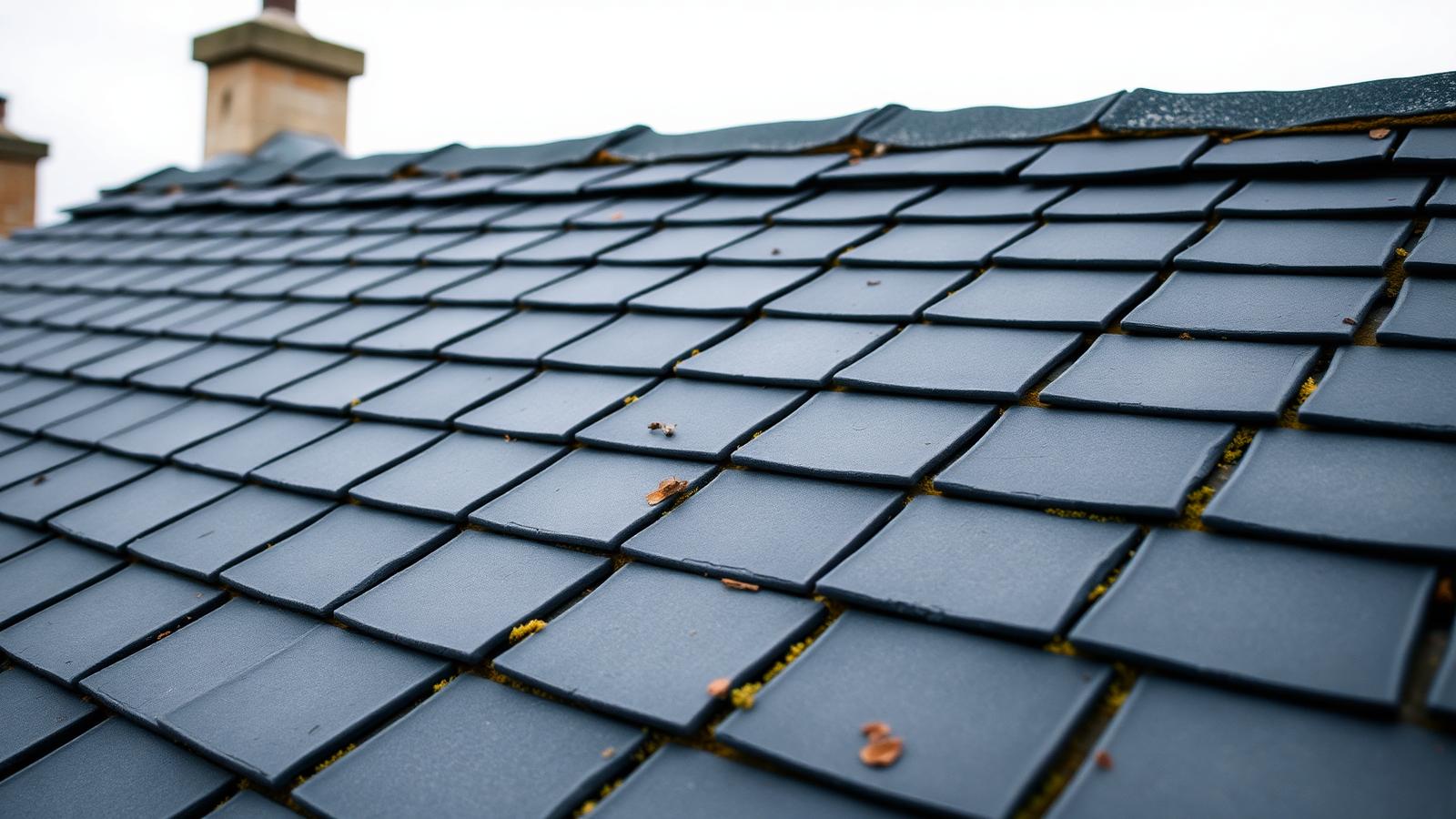 Traditional Welsh natural slate pitched roof on a British stone cottage with even courses and lead ridge detailing.